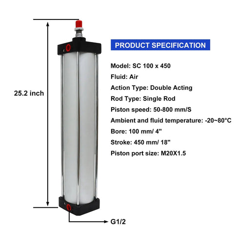 Tough As Nails Aluminum Pneumatic Cylinder, 4 Inch Bore, 18 Inch Stroke, Double Acting, Single Rod, Model SC 100 x 450 with specifications