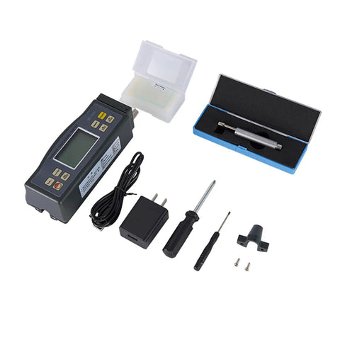 Pro Grade Digital Surface Roughness Tester For Ra Rz Rq Rt With Four Parameters And RC And P Filtering, Inductance Sensor, shown with accessories.