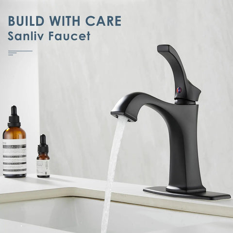 Matte Black Bathroom Faucet With One Hole And Deck Plate, Dope Single-Handle Vanity Tap in modern farmhouse style on countertop