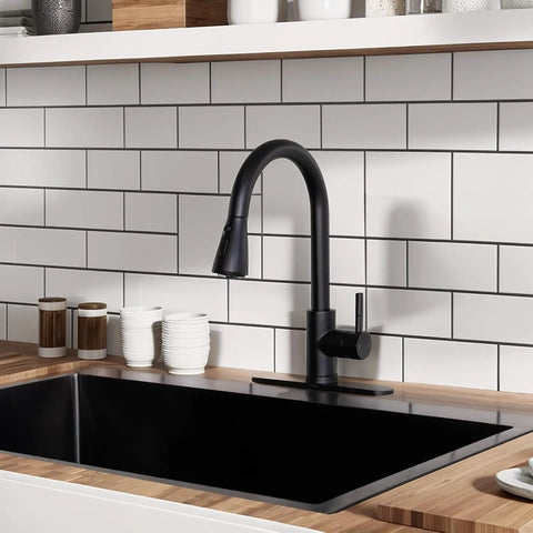 Matte black kitchen faucet on wooden countertop with white tiled backsplash