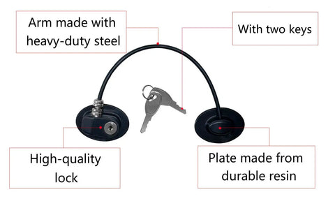 Fridge Lock With 2 Keys Easy Peel And Stick No Drill Mount showing steel arm and resin plate with two keys