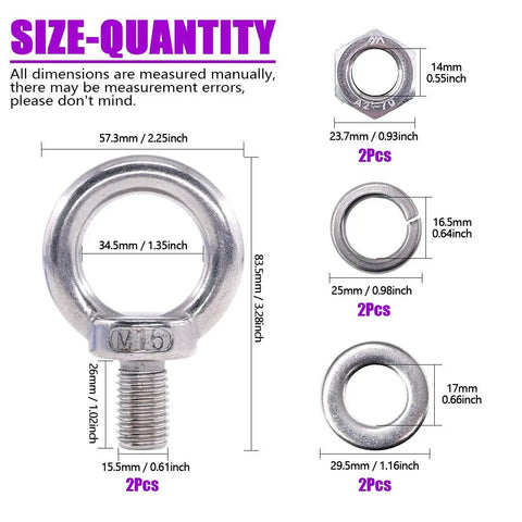 Beefed Up M16 Eye Bolt Lifting Kit With Lock Nuts And Washers 8 Piece Stainless Steel Ring Eyebolts For Rigging And Hoisting Corrosion Resistant Shipboard Ready dimensions shown with bolts, nuts, and washers