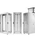 Top Shelf Network Cabinet Server Rack 45 RU With Six Slide Rails And Glacier White Metal Case Gen 2 in multiple angles.