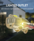 Heavy Duty Outdoor Extension Cord 25 Ft 14/3 Gauge Waterproof with Locking LED Plugs in outdoor setting, close-up of plug