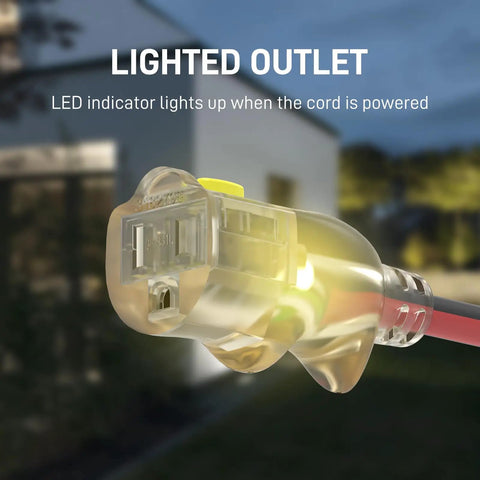 Heavy Duty Outdoor Extension Cord 25 Ft 14/3 Gauge Waterproof with Locking LED Plugs in outdoor setting, close-up of plug