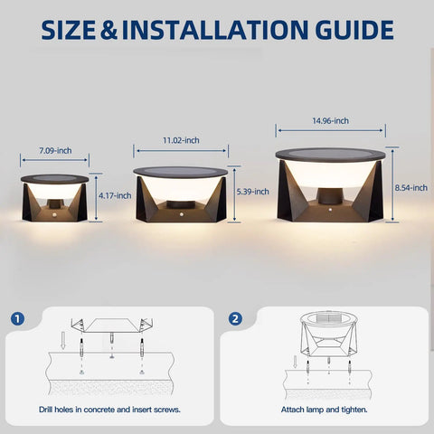 Size comparison and installation guide for Solar Post Lights Outdoor 14.96 Inch IP54 Waterproof Pillar Lamps