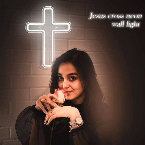 Cross Neon Sign Light Jesus Christ USB Powered Wall Mount Decor For Home Wedding Party Meditation Easter White 16x12 Inch Acrylic Back Panel Neon Glow With PVC Hose Perfect Gift And Holy Vibe Dope Centerpiece