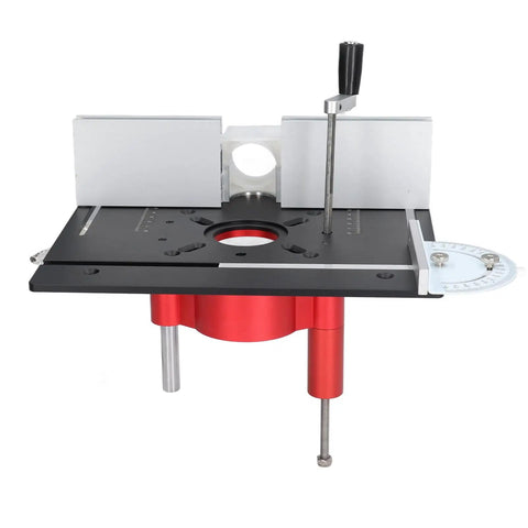 Tough as Nails Router Table Insert Plate With Heavy Duty Lift Base Support Rod Kit For Fast Woodworking Trim and Chamfer Work, black and red design with adjustable height.