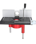 Heavy Duty Aluminum Router Lift Kit And Table Insert Plate With Stainless Steel Mounts For Serious Woodworking And Milling Work; top view showing adjustable lift mechanism.