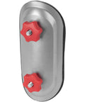 Front view of Vent Systems 4-inch round duct access door, galvanized steel with red knobs and EPDM gasket