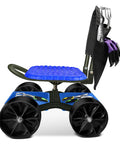 Garden Cart Rolling Stool With Four Wheels And Tool Bag Adjustable Seat Height And Direction Sturdy Yard Work Ready 300 Lb Capacity Rust Resistant Metal Includes Handy Tray Blue, side view showing blue seat and attached tool bag.