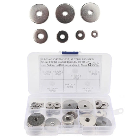 70 Piece Stainless Steel Flat Washer Kit M5 Assortment In 7 Sizes For Cars Trucks Buses And Heavy Equipment Slick Finish Reduces Friction Easy Install Plain Silver Gasket Rings For Machinery And Projects. assorted stainless steel flat washers in a storage case