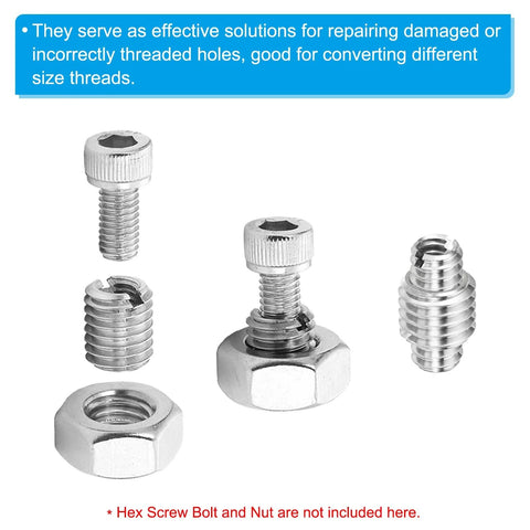 Front view of a stainless steel thread adapter set with M12x1.75 male to M10x1.5 female reducers and accompanying nuts.