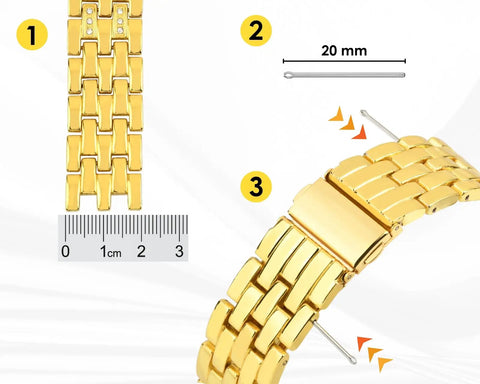 Close-up of metal watch strap with ruler and 20mm cotter pin from 360 Piece Watch Band Link Cotter Pins Set 6 To 23mm Stainless Steel.