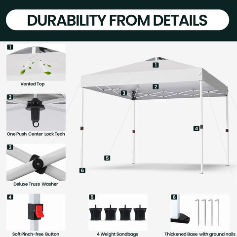 Pop Up Canopy 10x10 Easy Up Tent With Wheels Heavy Duty Beach Shade Shelter shown with vented top and support features