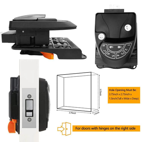 Keyless RV Door Lock With Backlit Keypad And 2 Remote Fobs for travel trailers and campers, shown with dimensions and installation guide