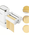 GVODE Electric Pasta Maker Machine, 3 In 1 Pasta Roller And Cutter Set, White, showing fresh pasta sheet and spaghetti being cut.