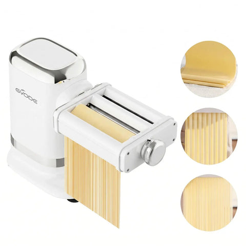 GVODE Electric Pasta Maker Machine, 3 In 1 Pasta Roller And Cutter Set, White, showing fresh pasta sheet and spaghetti being cut.