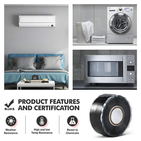 Self Fusing Silicone Tape 1 Inch Wide 15 Feet Long For Weatherproof Emergency Pipeline Repair Cable Bandage And Tool Fixing Black Insulation Up To 8000V High Temperature And Chemical Resistant Built Tough next to appliances and features list.