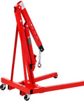 Straight Up Heavy Duty Folding Engine Hoist Cherry Picker Shop Crane With 1500 Lb Capacity in red with adjustable boom and wheels.