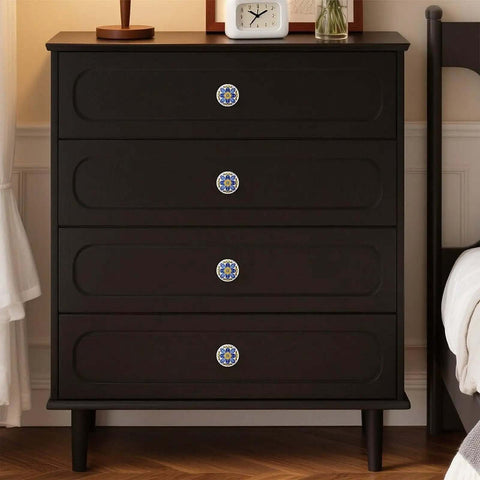 Yellow And Blue Mediterranean Tile Drawer Knobs With Crystal Glass And Silver Base on black dresser