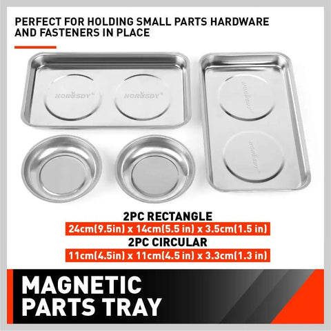 Magnetic Parts Tray Set For Gearheads And Pros Stainless Steel Heavy Duty Tool Organizer with 9.5 inch square and 4.5 inch round trays