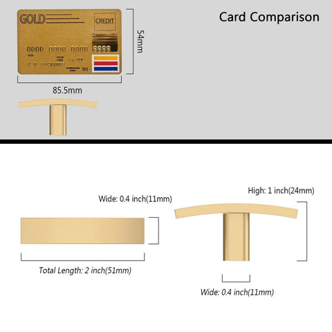 Champagne Bronze Cabinet Knobs 2 Inch Single Hole T Bar Pulls Go To Solid Zinc Alloy 10 Pack For Kitchen Cabinets Dressers Closets Gold Finish Hardware ZH0003 specifications diagram with credit card size comparison.