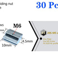 Set Of 30 2020 Series Sliding T Nuts M6 Thread Hammer Head T Nut, zinc plated, shown with dimensions for 6mm T slot aluminum extrusion