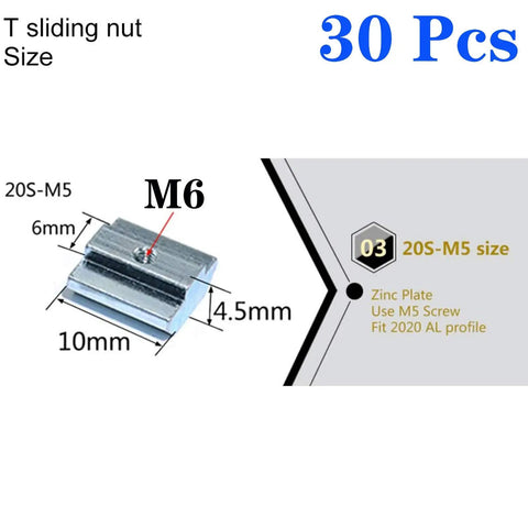 Set Of 30 2020 Series Sliding T Nuts M6 Thread Hammer Head T Nut, zinc plated, shown with dimensions for 6mm T slot aluminum extrusion
