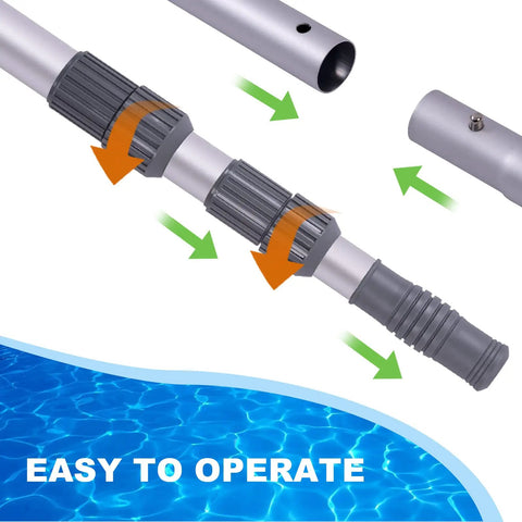 15 Foot Telescoping Pool Pole for Skimmer Net, Brush, and Vacuum Head - Adjustable features shown with ease of use text