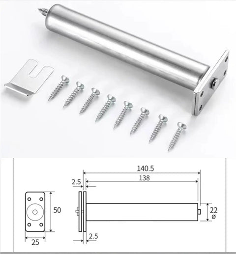 Hidden Door Closer Stealth Auto Close Device For Wood Doors, Adjustable Spring Hinge Hardware, Stainless Steel, screws and diagram
