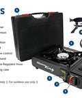 Parts of Dual Fuel Gas Camping Stove For Butane Or Propane, Portable Single Burner With Regulator Hose, Case, and Tank Stand