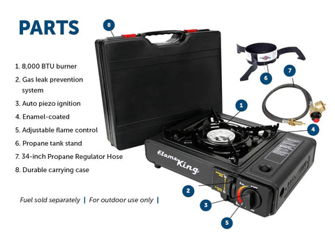 Parts of Dual Fuel Gas Camping Stove For Butane Or Propane, Portable Single Burner With Regulator Hose, Case, and Tank Stand