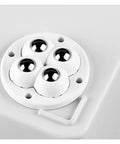 Close-up of self adhesive 360 degree stainless steel casters for bins and furniture, four wheel set with ABS core, ultra quiet.