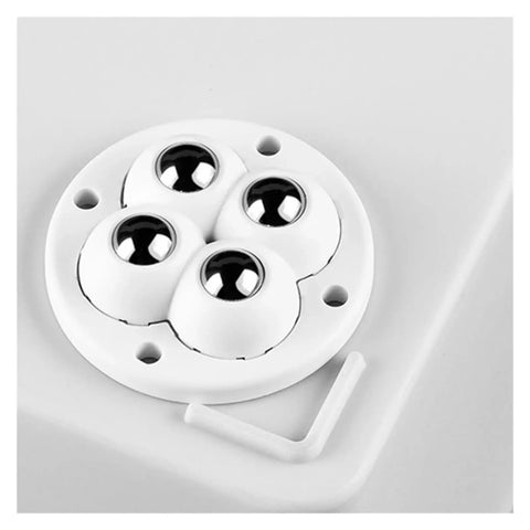 Close-up of self adhesive 360 degree stainless steel casters for bins and furniture, four wheel set with ABS core, ultra quiet.