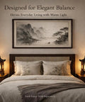 Cozy bedroom setting featuring Handmade Korean Wood Lamp With Pagoda Design Asian Table Lantern For Nightstand And Bedroom.