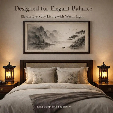 Cozy bedroom setting featuring Handmade Korean Wood Lamp With Pagoda Design Asian Table Lantern For Nightstand And Bedroom.