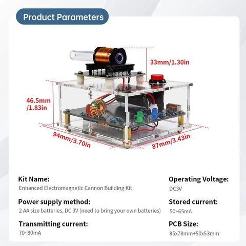 Hands On Soldering Practice Kit For Teens And Kids With Electric Magnetic Transmitter Educational Electronics Kit Mini DIY Shooting Game Toy Gift For Boys And Girls, showing dimensions and components.