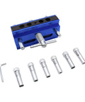 Adjustable Doweling Jig Kit For Perfectly Aligned Holes, Biscuit Joiner Set With Six Guide Bushings, tool components visible.
