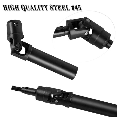 High-quality steel drive shaft component close-up with universal joint connections, labeled steel #45, for RC vehicles and models.