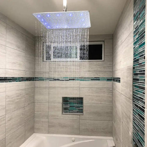 16 Inch LED Square Rain Shower Head With High Pressure Stainless Steel Bath Shower Ultra Thin Rainfall Shower Head Silicone Nozzle And Powerful Spray Performance With 3 Adjustable Settings in modern bathroom