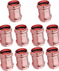 10 Pack Half Inch Copper Press Couplings With Stop For Pro Press Systems, Lead Free LF Copper Fittings, shown in rows