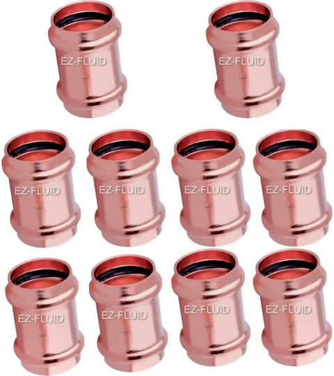 10 Pack Half Inch Copper Press Couplings With Stop For Pro Press Systems, Lead Free LF Copper Fittings, shown in rows