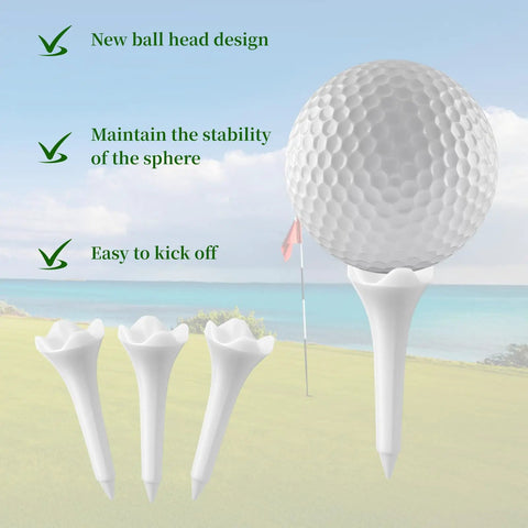 50 Pack Plastic Golf Tees 1.5 Inch Short Tees for irons, par threes, hybrids, driving range use, shown with golf ball.