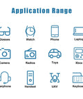 Application range icons including glasses, watch, phone, laptop, camera, radios, toys, Xbox, earphone, handset, UAV, keyboard.