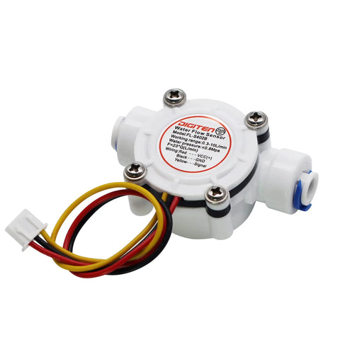 No-Nonsense Quarter Inch Quick Connect Water Flow Sensor Hall Effect Meter, waterproof with wires and connectors visible