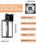 Two Pack Motion Sensor Outdoor Lights Modern Matte Black Wall Lanterns Porch Sconces Exterior Light Fixtures with Glass dimensions and specs.