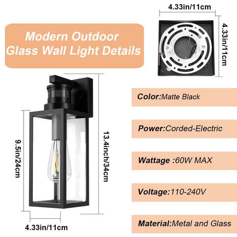 Two Pack Motion Sensor Outdoor Lights Modern Matte Black Wall Lanterns Porch Sconces Exterior Light Fixtures with Glass dimensions and specs.