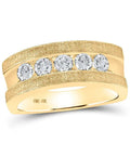 Genuine Mens 10kt Yellow Gold Five Stone Wedding Band Featuring Machine Set Round Brilliant Cut Diamonds Weighing One Carat Twin Total Weight, flex style band with five diamonds.