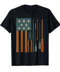 Retro USA Flag Aviation Maintenance Tools Tee For Aircraft Mechanics Hangar Gear With Pliers Screwdrivers And Torque Wrench Graphic Perfect Gift For Airshows And Fourth Of July Pride.